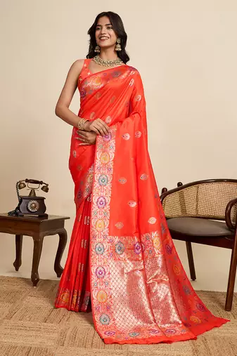 soft litchi art silk banarasi art silk jacquard saree (amshuka-coral-red)