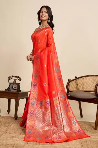 soft litchi art silk banarasi art silk jacquard saree (amshuka-coral-red)
