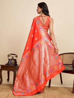 soft litchi art silk banarasi art silk jacquard saree (amshuka-coral-red) 3