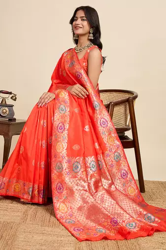 soft litchi art silk banarasi art silk jacquard saree (amshuka-coral-red)