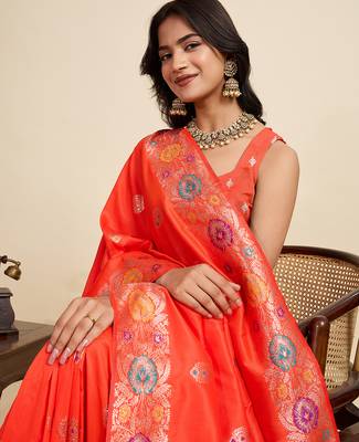 soft litchi art silk banarasi art silk jacquard saree (amshuka-coral-red) 5