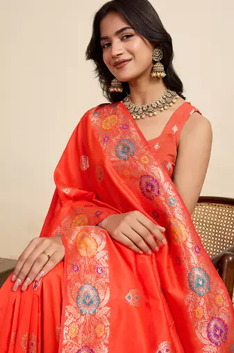soft litchi art silk banarasi art silk jacquard saree (amshuka-coral-red)