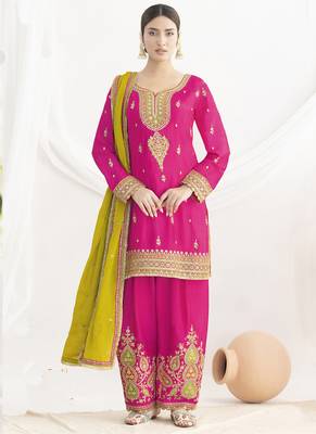 Pink chinon silk embroidered Palazzo salwar suit 1
