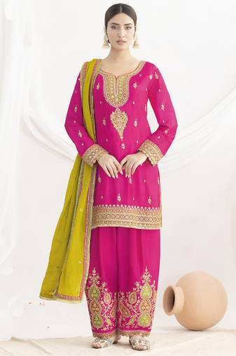 Pink chinon silk embroidered Palazzo salwar suit