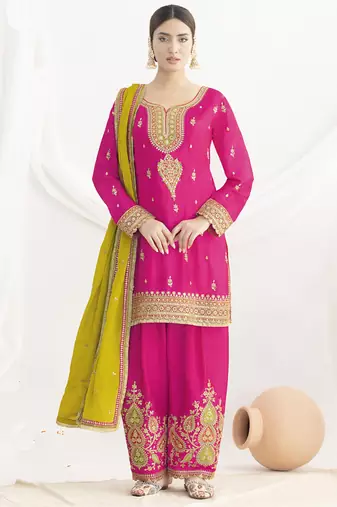 Pink chinon silk embroidered Palazzo salwar suit