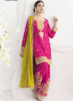 Pink chinon silk embroidered Palazzo salwar suit 2