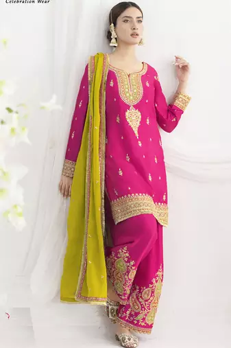 Pink chinon silk embroidered Palazzo salwar suit