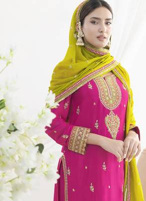 Pink chinon silk embroidered Palazzo salwar suit 3