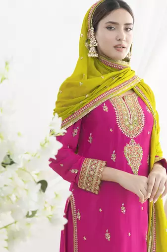 Pink chinon silk embroidered Palazzo salwar suit