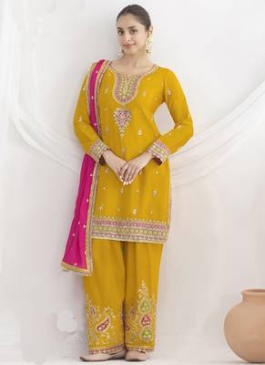 Yellow chinon silk embroidered Palazzo salwar suit 1