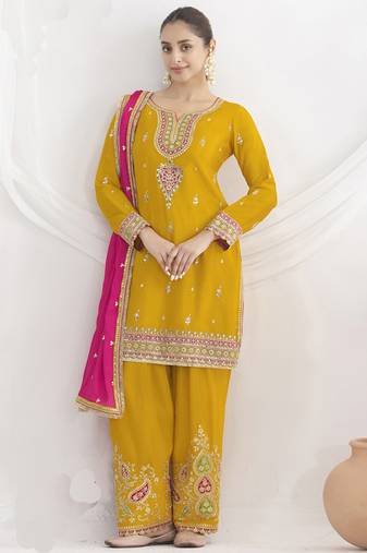 Yellow chinon silk embroidered Palazzo salwar suit
