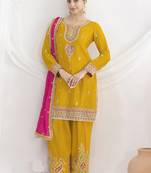 Yellow chinon silk embroidered Palazzo salwar suit
