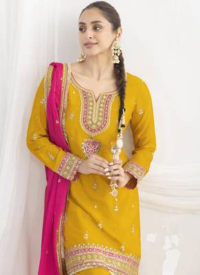 Yellow chinon silk embroidered Palazzo salwar suit 2