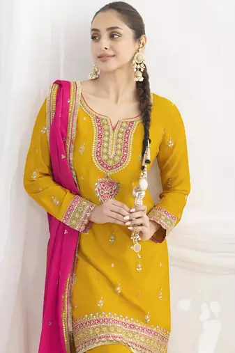 Yellow chinon silk embroidered Palazzo salwar suit