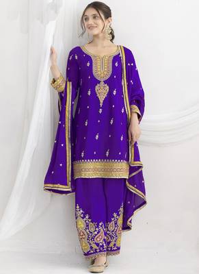 Violet chinon silk embroidered Palazzo salwar suit 1