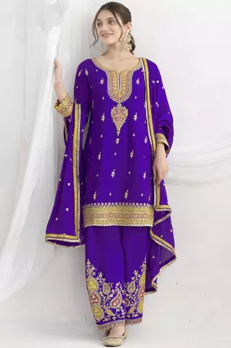 Violet chinon silk embroidered Palazzo salwar suit