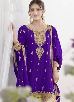 Violet chinon silk embroidered Palazzo salwar suit 2