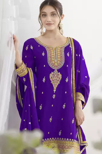 Violet chinon silk embroidered Palazzo salwar suit