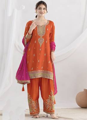 Orange chinon silk embroidered Palazzo salwar suit 1