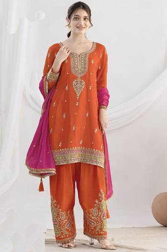 Orange chinon silk embroidered Palazzo salwar suit