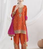 Orange chinon silk embroidered Palazzo salwar suit