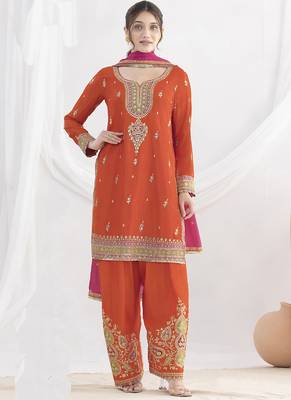 Orange chinon silk embroidered Palazzo salwar suit 2