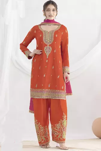 Orange chinon silk embroidered Palazzo salwar suit