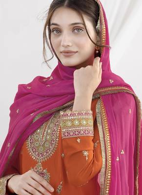 Orange chinon silk embroidered Palazzo salwar suit 3