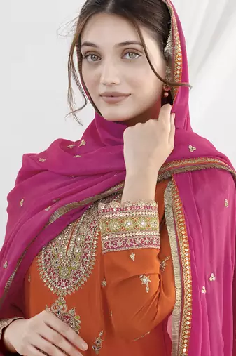 Orange chinon silk embroidered Palazzo salwar suit