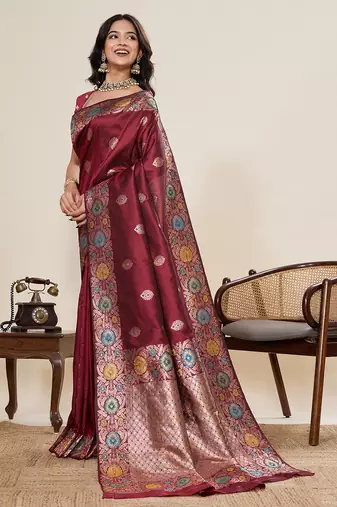 soft litchi art silk banarasi art silk jacquard saree (amshuka-maroon)