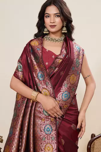 soft litchi art silk banarasi art silk jacquard saree (amshuka-maroon)
