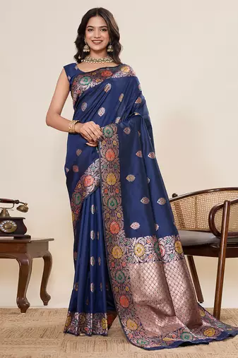 soft litchi art silk banarasi art silk jacquard saree (amshuka-navy)