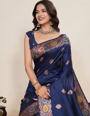 soft litchi art silk banarasi art silk jacquard saree (amshuka-navy) 5