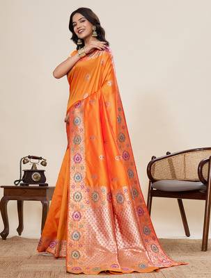 soft litchi art silk banarasi art silk jacquard saree (amshuka-orange) 2
