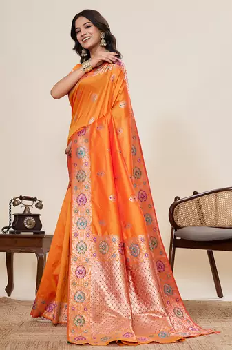 soft litchi art silk banarasi art silk jacquard saree (amshuka-orange)