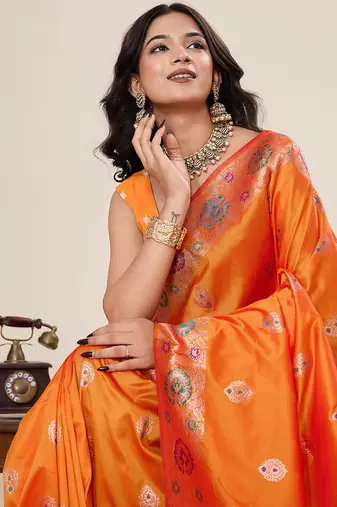 soft litchi art silk banarasi art silk jacquard saree (amshuka-orange)