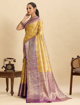 soft litchi art silk kanjeevaram art silk jacquard saree (anarkali-yellow) 2