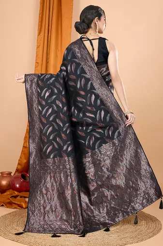 soft litchi art silk banarasi art silk jacquard saree (morpich-black)