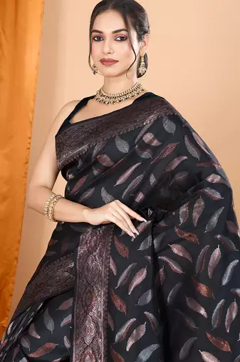 soft litchi art silk banarasi art silk jacquard saree (morpich-black)