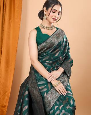 soft litchi art silk banarasi art silk jacquard saree (morpich-green) 5