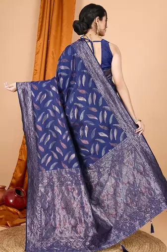 soft litchi art silk banarasi art silk jacquard saree (morpich-navy)