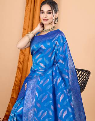 soft litchi art silk banarasi art silk jacquard saree (morpich-r-blue) 5