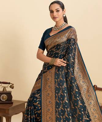 soft litchi art silk banarasi art silk jacquard saree (nayanthara-navy) 5