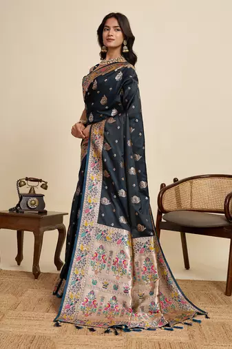 soft litchi art silk paithani jacquard saree (ragini-paithani-navy)