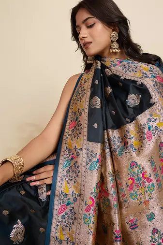 soft litchi art silk paithani jacquard saree (ragini-paithani-navy)