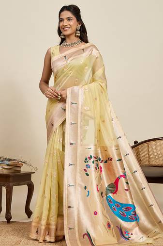 cotton art silk paithani jacquard saree (rajvi-paithani-lemon)