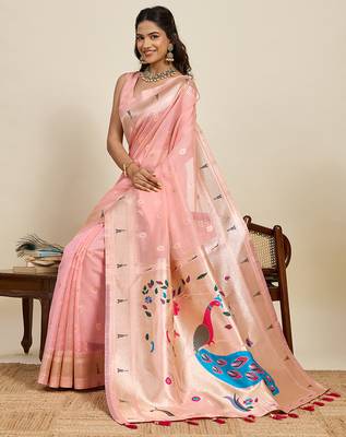 cotton art silk paithani jacquard saree (rajvi-paithani-peach) 4