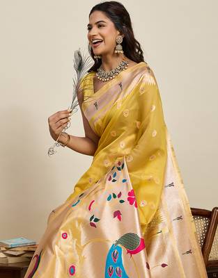 cotton art silk paithani jacquard saree (rajvi-paithani-yellow) 5