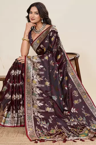 soft litchi art silk banarasi art silk jacquard saree (yesha-01-maroon)