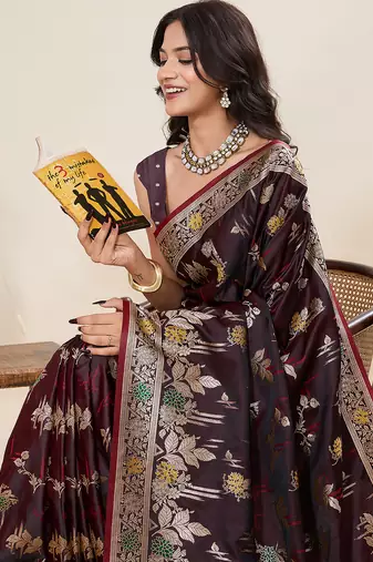 soft litchi art silk banarasi art silk jacquard saree (yesha-01-maroon)